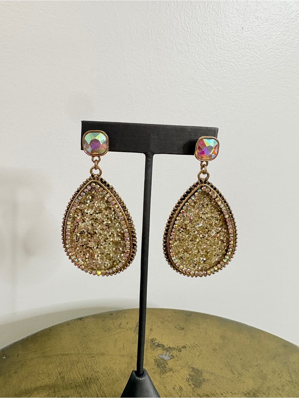Gold Teardrop Glitter Drop Earrings - Women Jewelry